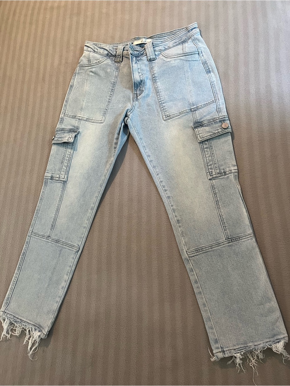 KanCan Light Blue Wide Leg Cargo Jeans with Frayed Hem